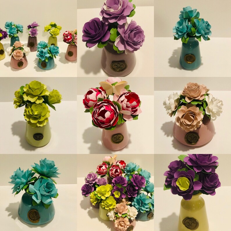 Shower favor Party Favor Hand Sculpted 3D Paper Flowers in Ceramic Vase Home Decor Mini Vase with Paper flower bouquet Center piece