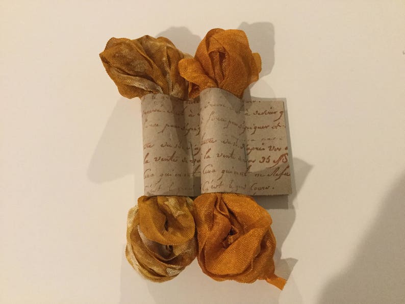 Pumpkin Spice Hand Dyed Scrunched Seam Binding ribbon, Crinkled Seam Binding Packaged, Vintage Inspired Seam Binding, ESC image 2