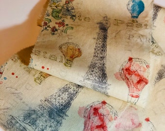 Tea Stained Eiffel Tower Paris Trim, Hot Air Balloon Trim, Carte Postal ribbon, French Inspire Ribbon,  French Country Trim, Distressed Trim