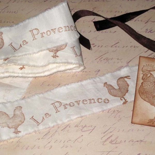 Muslin La Provance Rooster Vintage Hand Stamped Muslin Ribbon ECS