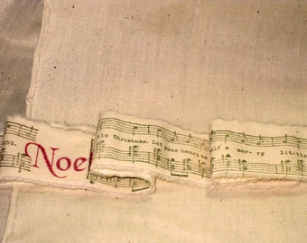 Muslin Christmas Music and Noel Vintage Hand Stamped Muslin Ribbon ECS