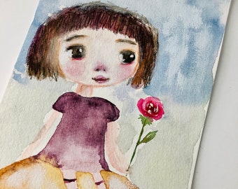 Watercolor Mixed Media Whimsical Art, Doll Face Original Art, Color Art, Wall Art, Mixed Media Girl, Water color Face, Girls Room Art