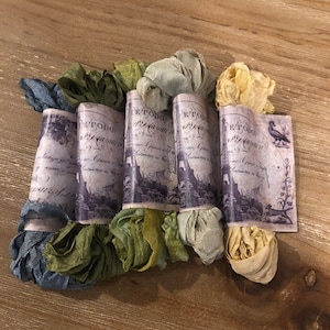 Hand Dyed and Tea Stained Scrunched Seam Binding ribbon Bundle, Crinkled Seam Binding Packaged, Vintage Inspired Seam Binding