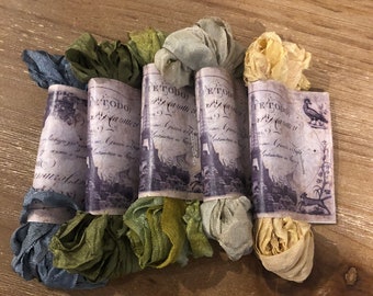 Hand Dyed and Tea Stained Scrunched Seam Binding ribbon Bundle, Crinkled Seam Binding Packaged, Vintage Inspired Seam Binding