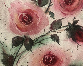 Hand painted Rose Floral Loose Watercolor, FREE SHIPPING, OOAK Original  Watercolor Art, Fine Art, Wall Hanging Watercolor Art