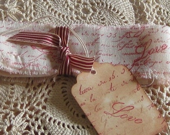 Hand Cut, Fringed and Stamped Muslin Ribbon Love Script
