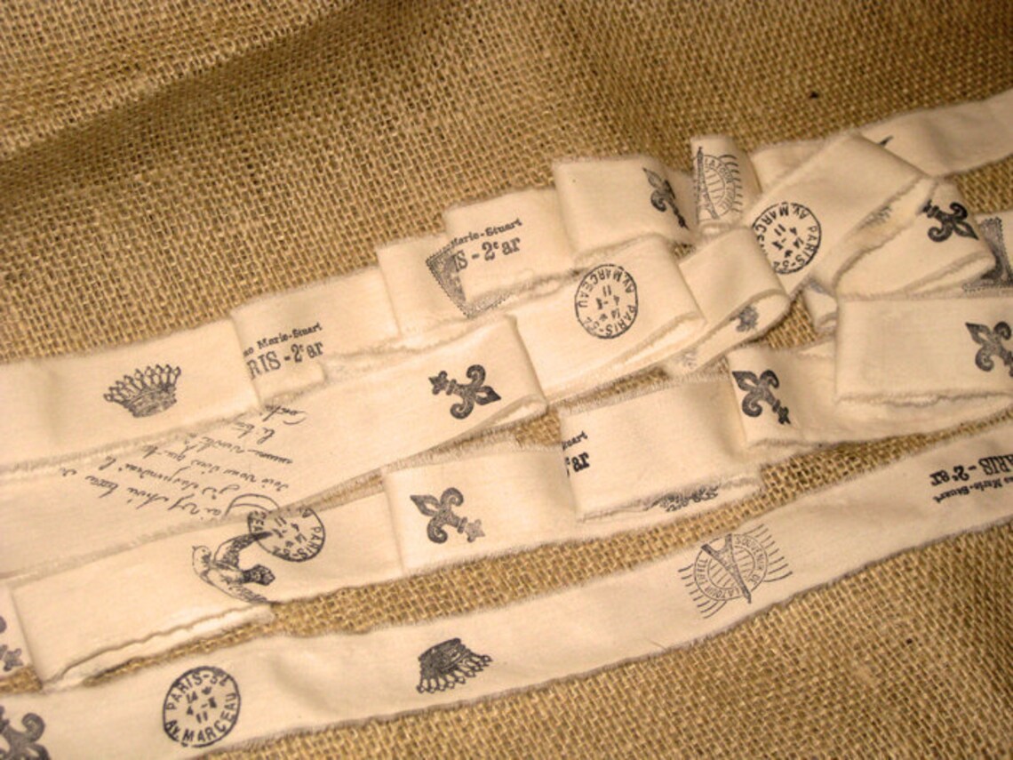 Hand Stamped Ribbon, Muslin Ribbon, Vintage Ribbon, Shabby Chic Ribbon ...