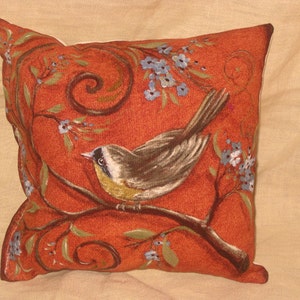 Shabby Chic Fun Throw Pillow with Bird Motif French Market Design Floral Handmade Pillow Vintage Orange image 1