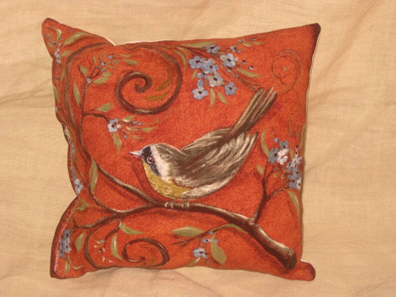 Shabby Chic Fun Throw Pillow with Bird Motif French Market Design Floral Handmade Pillow Vintage Orange image 1