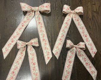 Tea Stained Floral Trim handmade Bow, Distressed Floral Ribbon Trim, French Inspired Bows, Vintage Rose Trim Blows, French Country Trim Bows