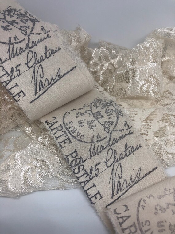 Carte Postale Muslin Trim, Hand Stamped Trim, French Style Ribbon, Muslin Vintage Inspired Hand Stamped Trim,  French Country Trim, ECS
