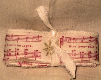 Muslin Christmas Music and Gold Star Vintage Hand Stamped Muslin Ribbon ECS