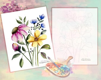 Digital download | Coloring Page | Adult Coloring | Original Drawing to Color | Wild Flower to Color | Watercolor Outline to color