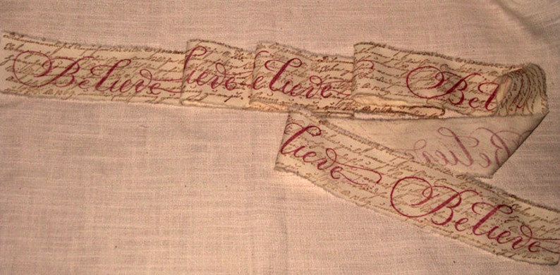 Muslin Christmas BELIEVE with French Script Background Vintage Inspired Hand Stamped Muslin Ribbon ECS