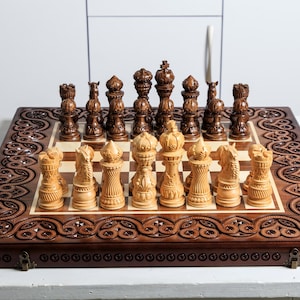 Chess Game with Copper Inserts, Handmade Chess Set, Wooden Backgammon Board, Carved Pattern, Chess & Backgammon Set
