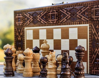 Luxury Handmade Chess Set, Walnut Chess Board with Royal Chess Pieces (3 in 1), Large Size 55cm, Art Gift