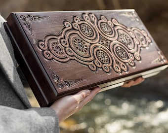 Luxury Backgammon Set, Handcrafted Walnut Backgammon Board with Copper Inlay, Carved Wooden Backgammon Set, Unique Gift for Him