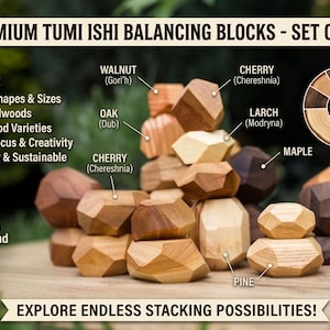 Puede incluir: Un conjunto de 25 bloques de equilibrio Tumi Ishi hechos de varias maderas duras naturales, incluyendo nogal, cerezo, roble, alerce, arce, fresno y pino. Los bloques presentan formas geométricas facetadas y están apilados.