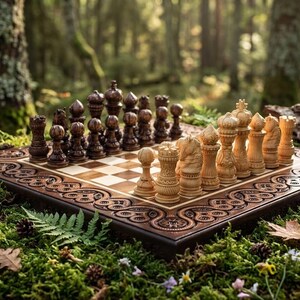 May include: A wooden chess set with intricately carved pieces, arranged on a square board with a light wood playing surface. The dark brown and light wood chess pieces are set up on a board with a decorative border. The set is displayed outdoors on moss.