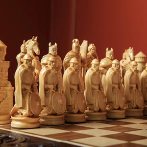 Collectible Chess Figures, Luxury Wooden Chess Pieces, Medieval Chess Set, Hand-carved Collectible, Chess Set Gift