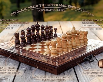 Handgeschnitztes Walnuss-Schachset mit Kupfereinlage, großes klappbares Schach- & Backgammonbrett 55 cm, königliche Vintage-Schachfiguren, Erbstück-Spiel-Set