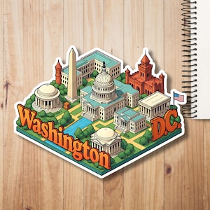 Peut inclure: Un autocollant coloré représentant une illustration stylisée de Washington, D.C., avec des monuments emblématiques comme le Capitole et le Washington Monument. Le texte "Washington D.C." est bien en évidence.