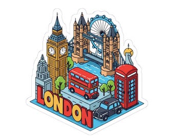 Sticker dessin animé de Londres | Adorable autocollant en vinyle sur les monuments de Londres avec Big Ben, le Tower Bridge, le London Eye, le bus et la cabine téléphonique