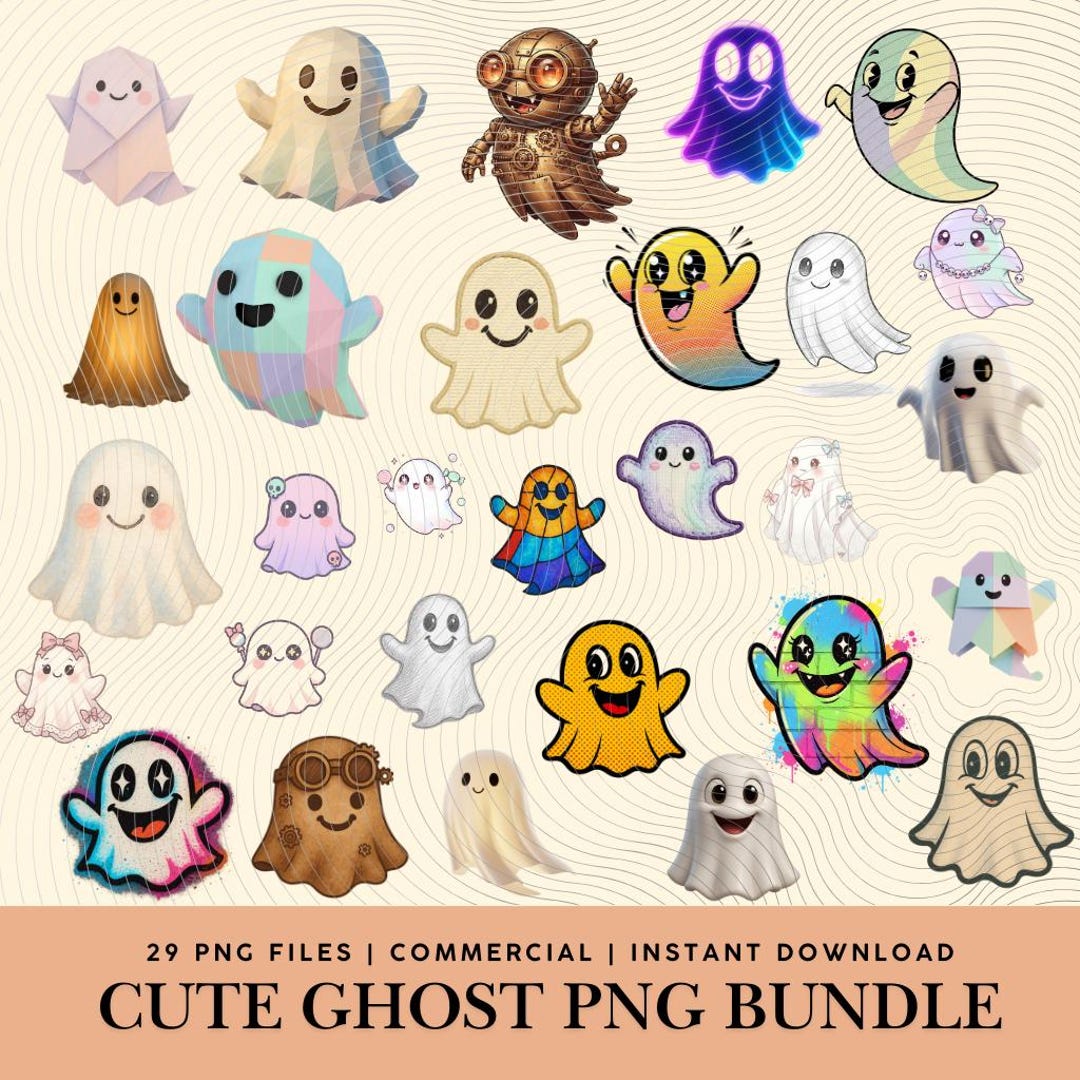 Cute Halloween Ghost PNG Bundle, 29 Digital Download Clipart, Kawaii ...