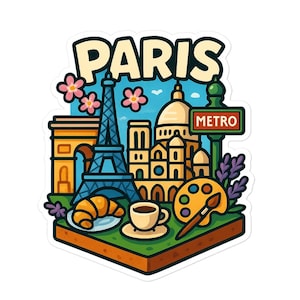 Paris Sticker – Cute Cartoon France Vinyl Decal, Eiffel Tower Landmark Art, Travel Souvenir, Aesthetic Parisian Gift, City Illustration