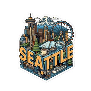 May include: A colorful sticker featuring a Seattle cityscape. The design includes the Space Needle, a Ferris wheel, and the word "SEATTLE" in large, stylized letters. A mountain and water are also depicted.
