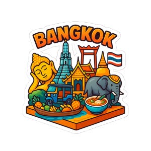 Bangkok Thailand Vinyl Sticker - Wat Arun, Grand Palace, Tuk-Tuk, Elephant - Travel Souvenir, City Landmark Vinyl Decal, Bangkok Gift