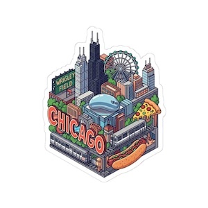以下が含まれることがあります： シカゴのランドマークをスタイリッシュに描いたカラフルなステッカー。シカゴのスカイライン、Wrigley Fieldの看板、観覧車、ピザのスライス、ホットドッグ、そして大きな赤い文字で「CHICAGO」という文字がデザインされています。