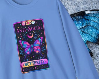 Anti-Social Butterfly Sweatshirt: Vibrant Unisex Crewneck, Cozy Fall Fashion