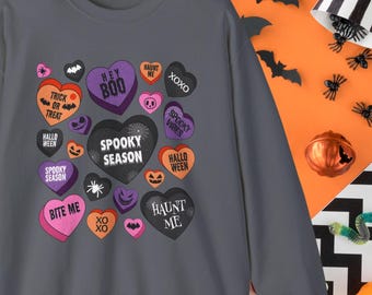 Spooky Season Ghost Sweatshirt: Candy Hearts Halloween Apparel