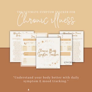 Op de afbeelding: Een verzameling afdrukbare symptoomtrackers en affirmatiepagina's. De omslag luidt "Chronic Illness Symptom Tracker" in een decoratief lettertype. De tekst "Understand your body better with daily symptom & mood tracking" is ook zichtbaar.