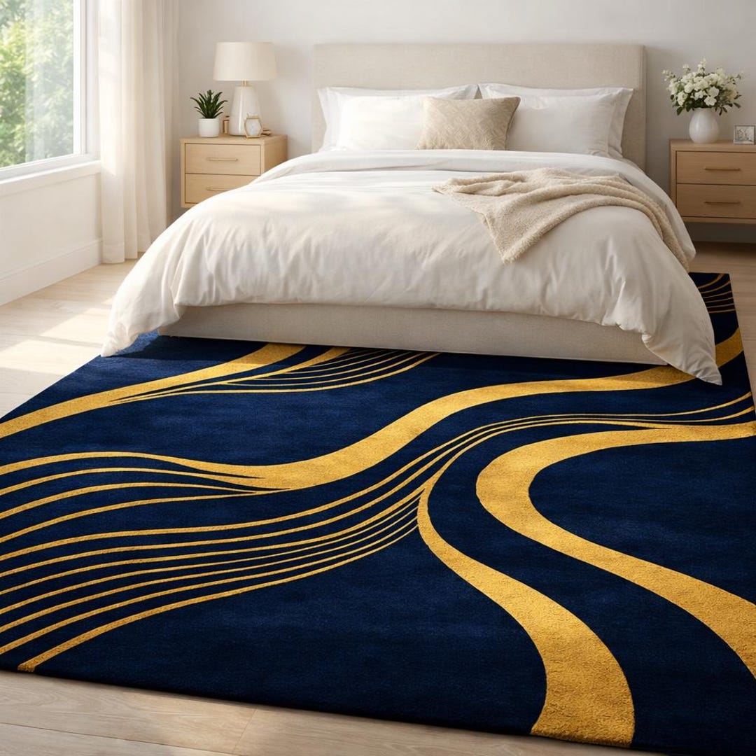 Navy Blue Gold Abstract Rug, Modern Luxury Area Rug, Hand Tufted Style ...