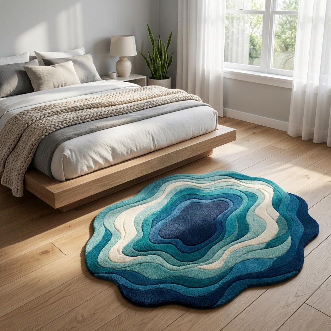 Hand Tufted Ocean Topography Rug, Irregular Shape Blue Green Wool ...