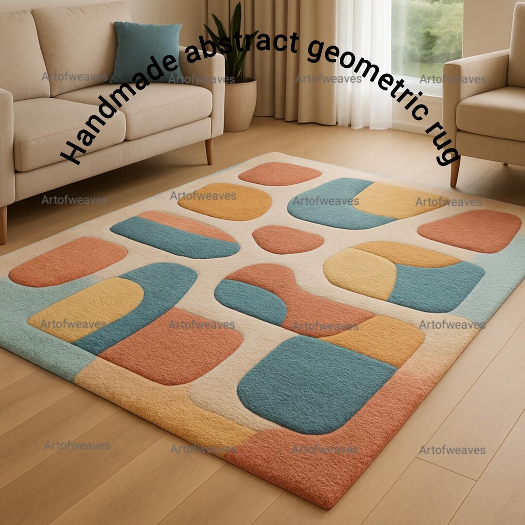 ハンドメイドの抽象的な幾何学模様のウールラグ：ミッドセンチュリー