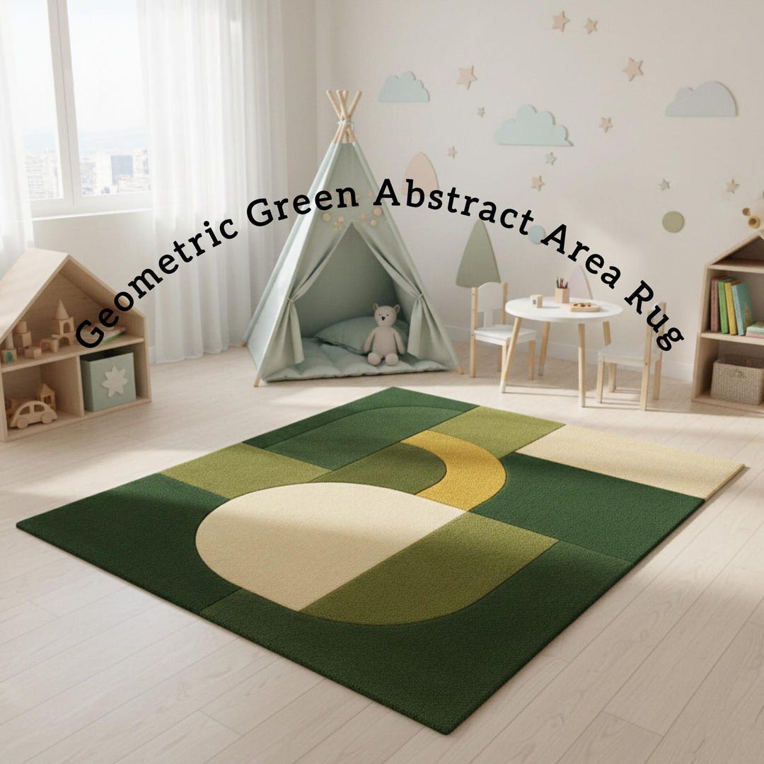 Modern Green Geometric Rug, Hand Tufted Wool Area Rug, Abstract ...