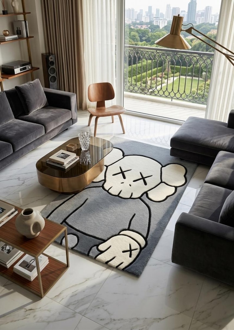 May include: A modern living room featuring a gray rug with a cartoon character design. The room includes gray sofas, a wooden chair, a coffee table, and a side table. A large window offers a view of a cityscape.