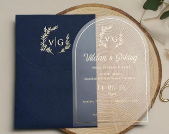 Arch Gold Foil Acrylic Wedding Invitation – Navy blue Envelope & Gold Details