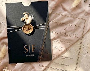 Black Acrylic Wedding Invitation, Gold Foil Clear Card, Wax Seal Pocket Invite