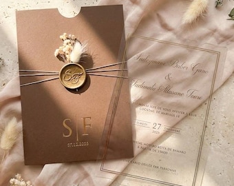 Clear Acrylic Wedding Invitation with Brown Envelope, Gold Wax Seal, Dried Florals