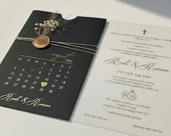 Clear Acrylic Wedding Invitation with Gold Foil and Wax Seal, Dried Flowers