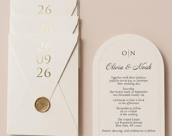 Arch Wedding Invitation, Ivory Envelope, Gold Foil Date, Wax Seal