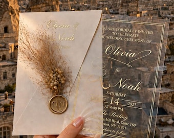 Clear Acrylic Wedding Invitation with Gold Foil and Wax Seal, Dried Flowers