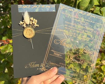 Clear Acrylic Wedding Invitation: Gold Foil Arabic Nikah Card