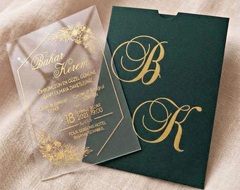 Green Acrylic Wedding Invitation with Gold Foil, Monogram Envelope