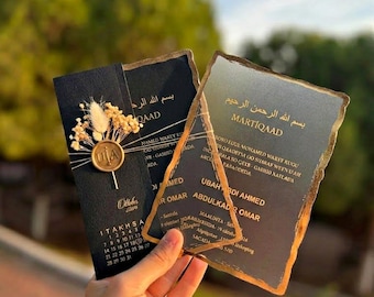 Black Clear Acrylic Wedding Invitation with Gold Foil and Wax Seal, Dried Flowers