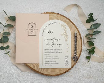 Arch Wedding Invitation with Blush Envelope – Minimalist Botanical Ivory Card, Monogram Elegant Design